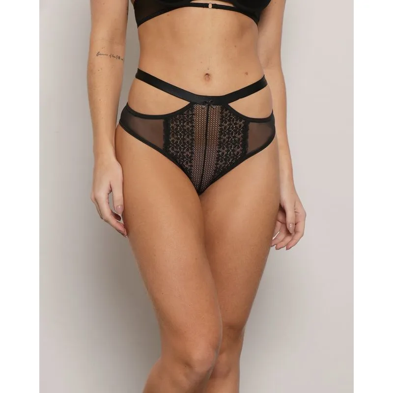 Calcinha Feminina Biquíni com Renda e Tiras Preta GG