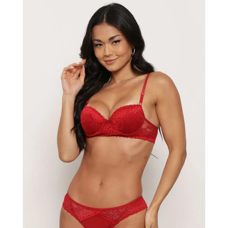 Sutiã Feminino Base Dupla Com Bojo Casca Renda Vermelho UN