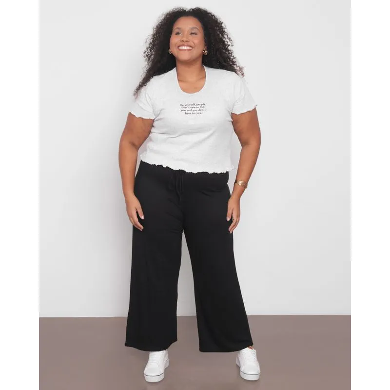 Calça Plus Size Feminina Pantalona Detalhe Amarração Preta G3