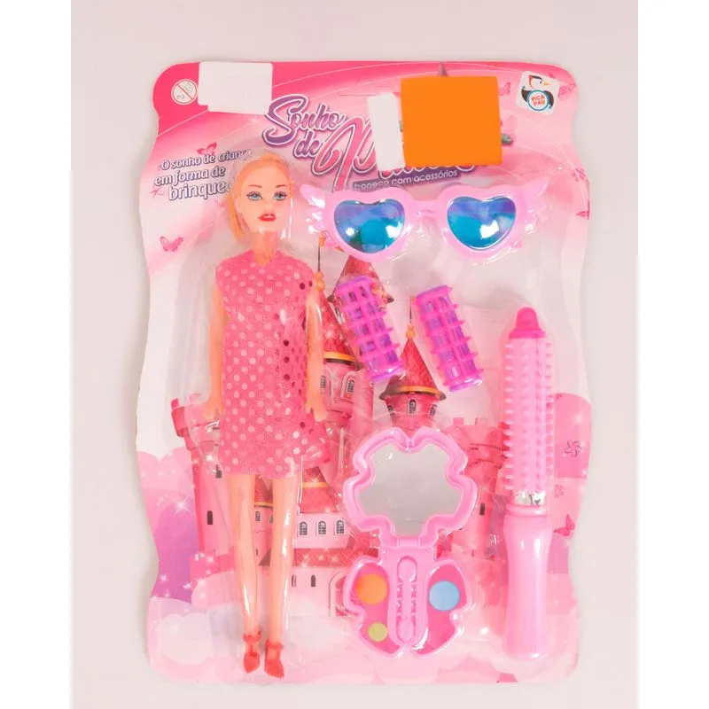Boneca 6 Peças Pop com Acessórios Rosa UN