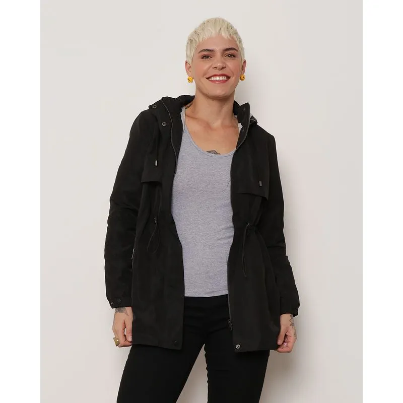 Parka Feminina Corta Vento Alongada Forrada Com Capuz Preto GG