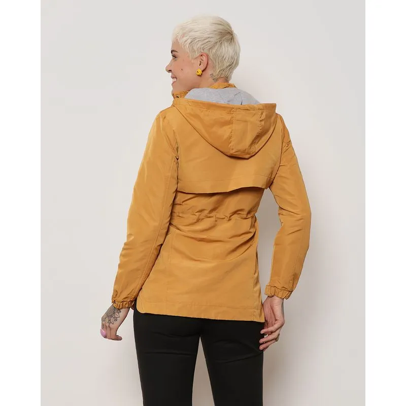 Parka Feminina Corta Vento Alongada Forrada Com Capuz Mostarda P