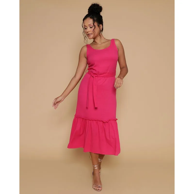 Vestido Feminino Midi Viscolinho Com Babado Rosa P