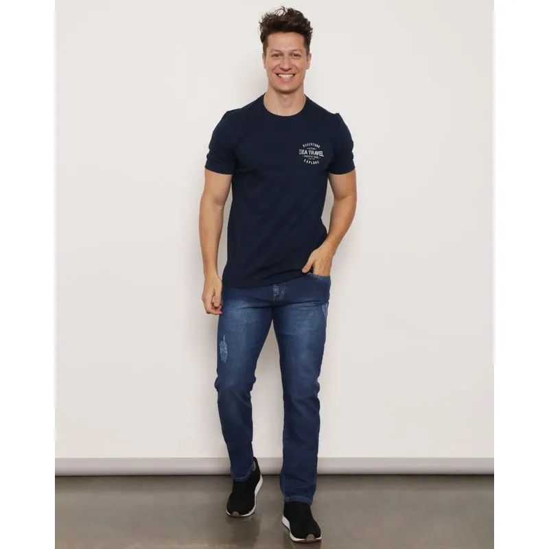 Calça Jeans Masculina Vizzy Slim Com Puídos Azul Escuro 48