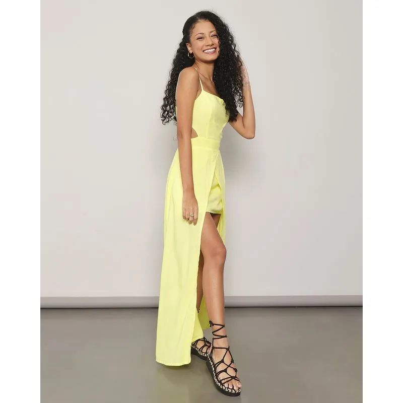Vestido Feminino Recorte Vazado Com Fenda Viscose Amarelo G