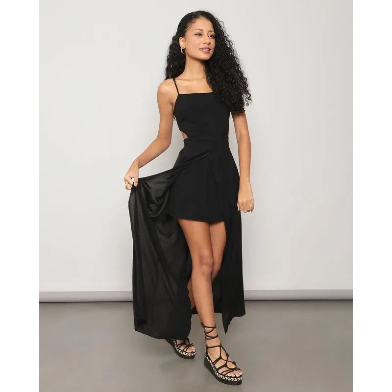 Vestido Feminino Recorte Vazado Com Fenda Viscose Preto P