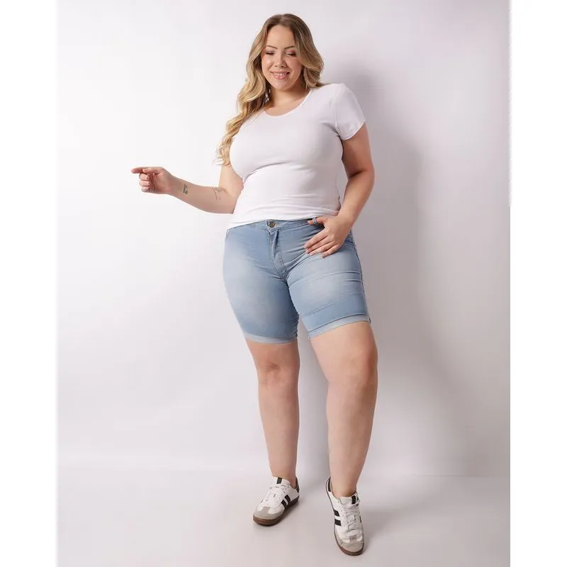 Bermuda Jeans Plus Size Feminina Barra Dobrada Azul 13316000006044UN