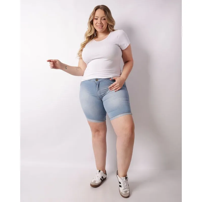 Bermuda Jeans Plus Size Feminina Barra Dobrada Azul 52