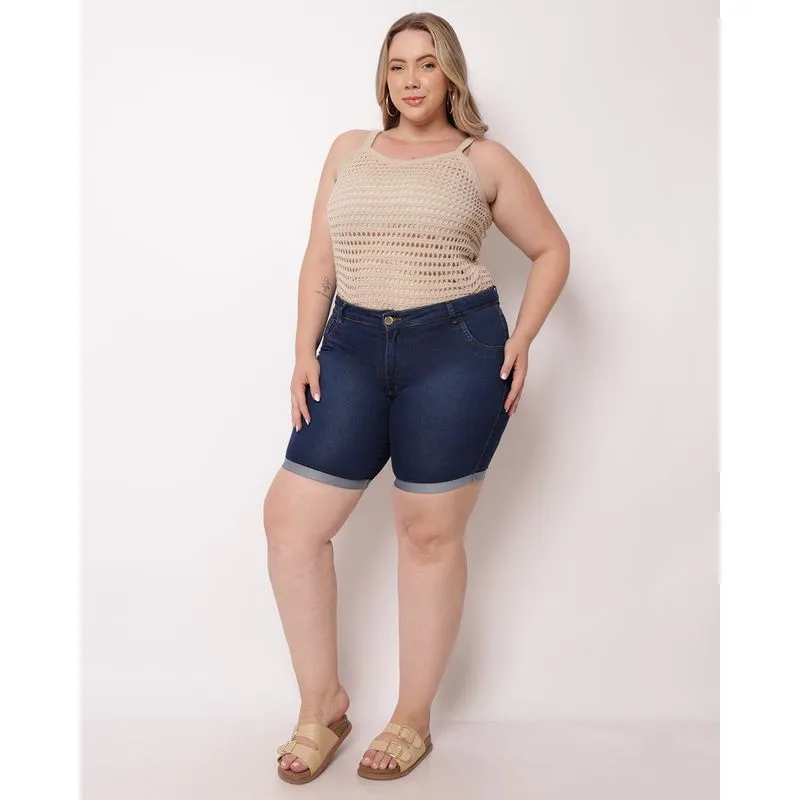 Bermuda Jeans Plus Size Feminino Ciclista Barra Dobrada Azul 48