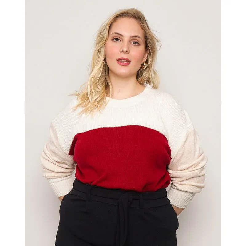 Suéter Feminino Plus Size Tricô Estampa Bloco Vermelho G2