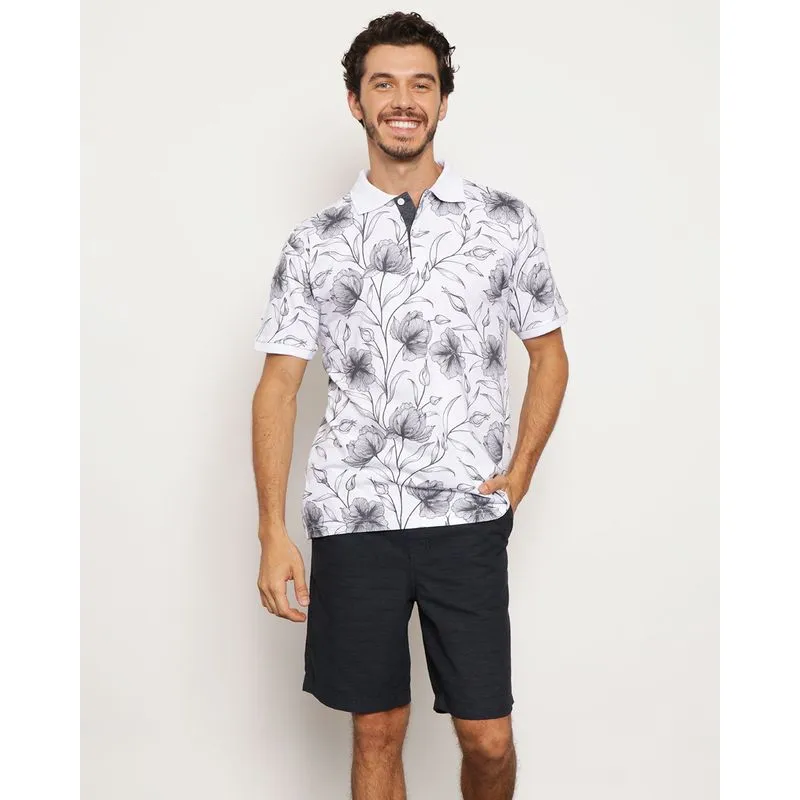 Polo Masculina Manga Curta Estampado Floral Branca G