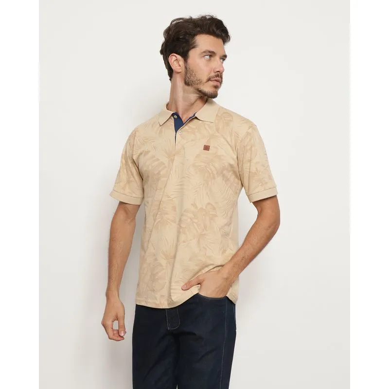 Polo Masculina Manga Curta Folhagem Bege P
