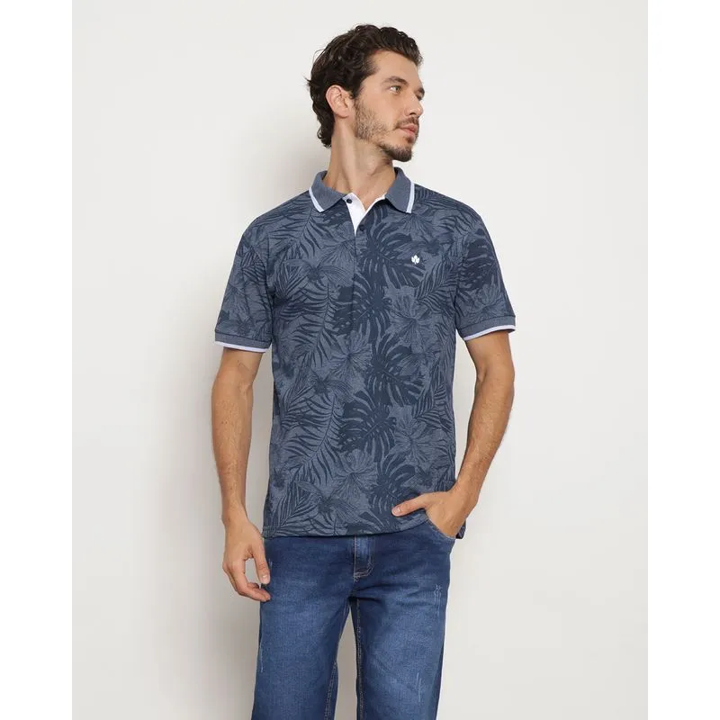 Polo Masculina Manga Curta Estampada Folhagem Azul P