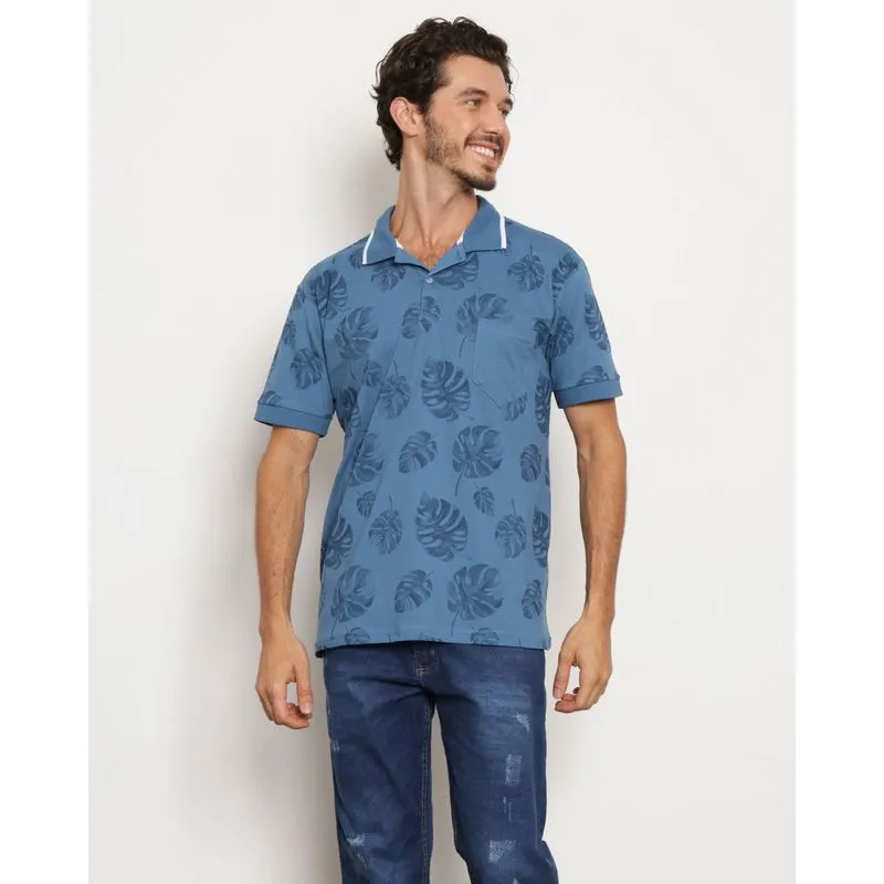 Polo Masculina Manga Curta Com Bolso Estampa Folhas Azul M