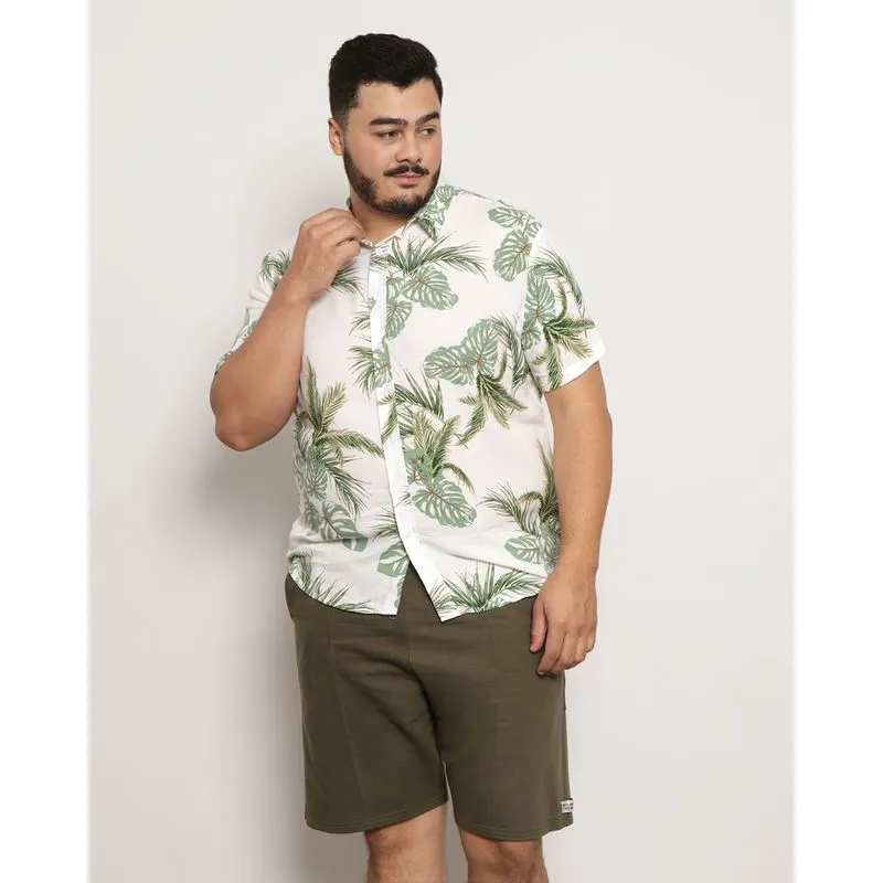 Camisa Plus Size Masculina Surf Manga Curta Estampa Folhas Branco G1
