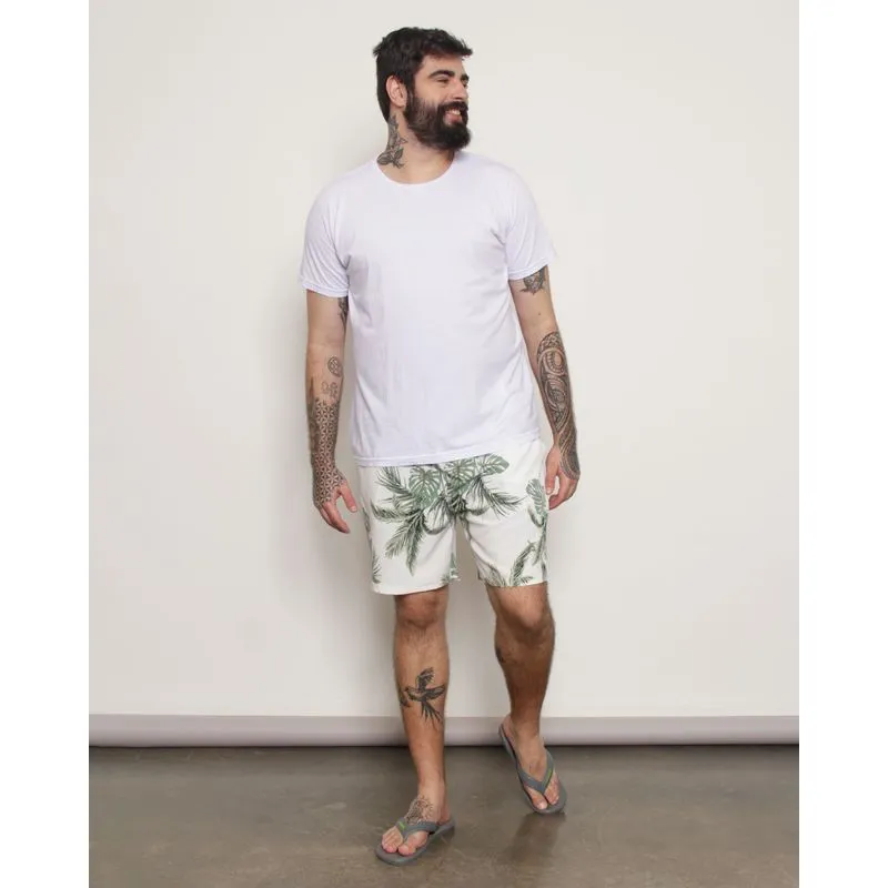 Bermuda Plus Size Masculina Surf Bolsos Frontais Estampa Folhagem Branco G3
