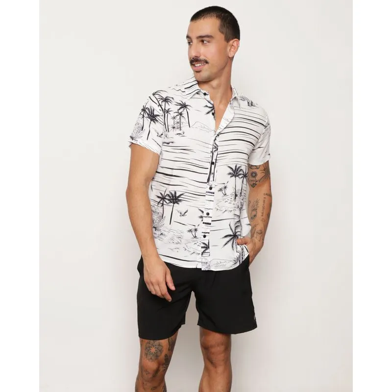 Camisa Masculina Surf Manga Curta Viscose Estampada Branca P