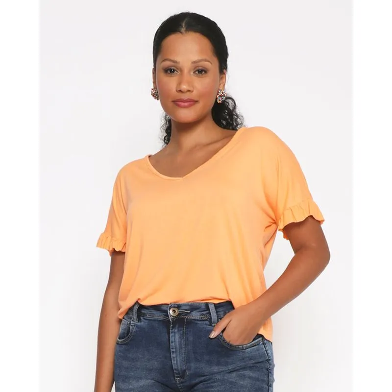 Blusa Feminina Manga Curta Com Babados Laranja P