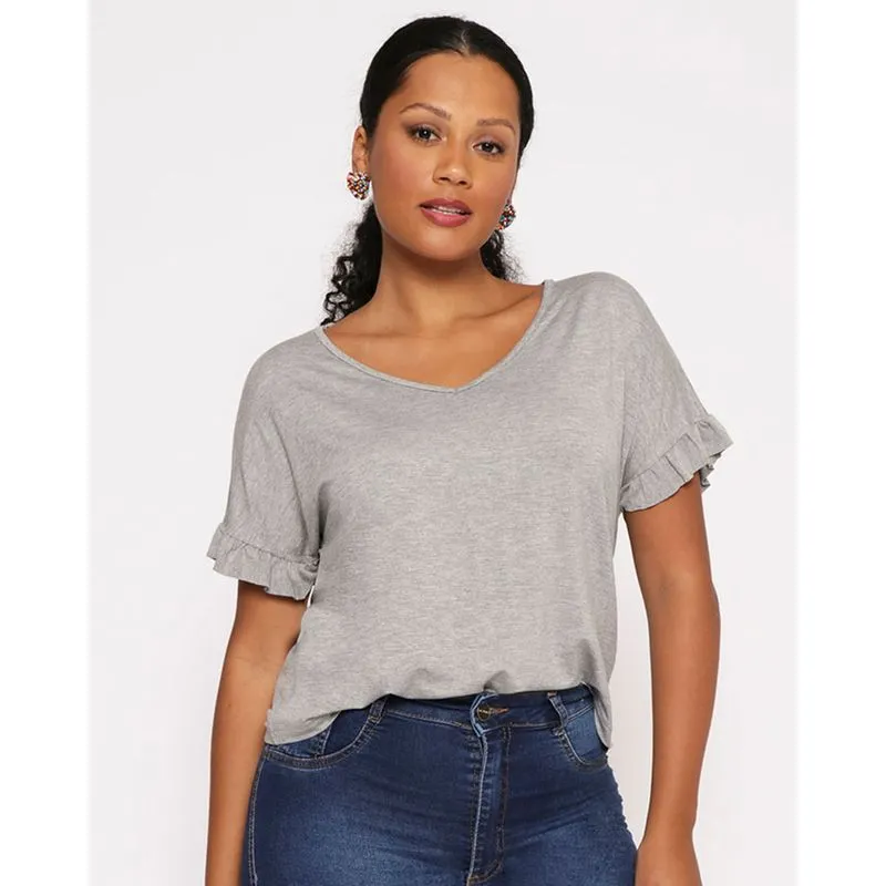 Blusa Manga Curta Com Babados Cinza M