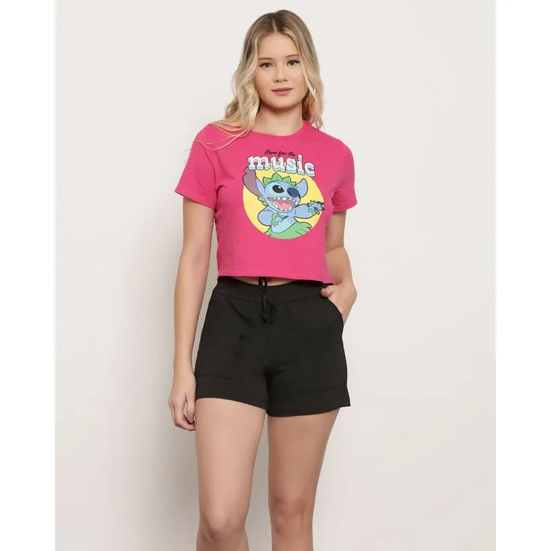 Camiseta Cropped Disney Manga Curta Stitch Rosa P