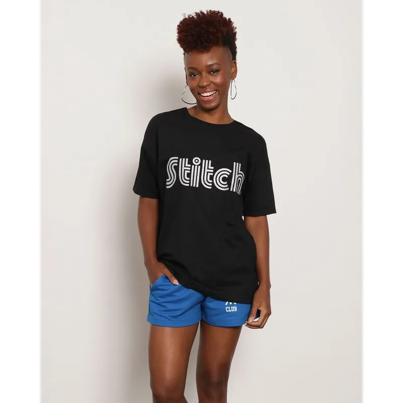 Camiseta Feminina Manga Curta Stitch Disney Preta P