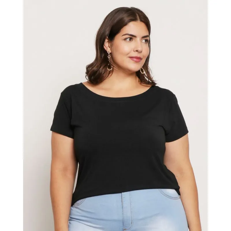 Blusa Feminina Básica Decote Canoa Manga Curta Preta G2