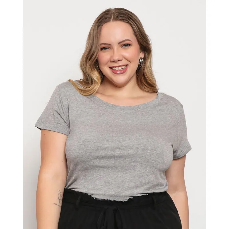 Blusa Plus Size Feminina Manga Curta Mescla Cinza G3