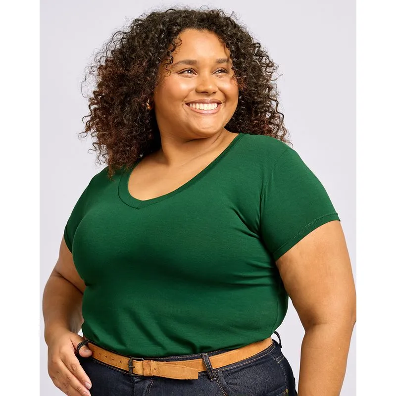 Blusa Plus Size Feminina Manga Curta Decote V Verde G3