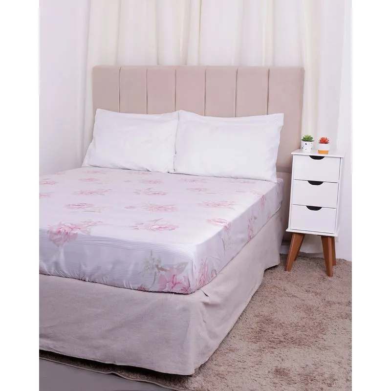 Lençol Avulso Queen Andreza Com Elástico Floral Rosa UN