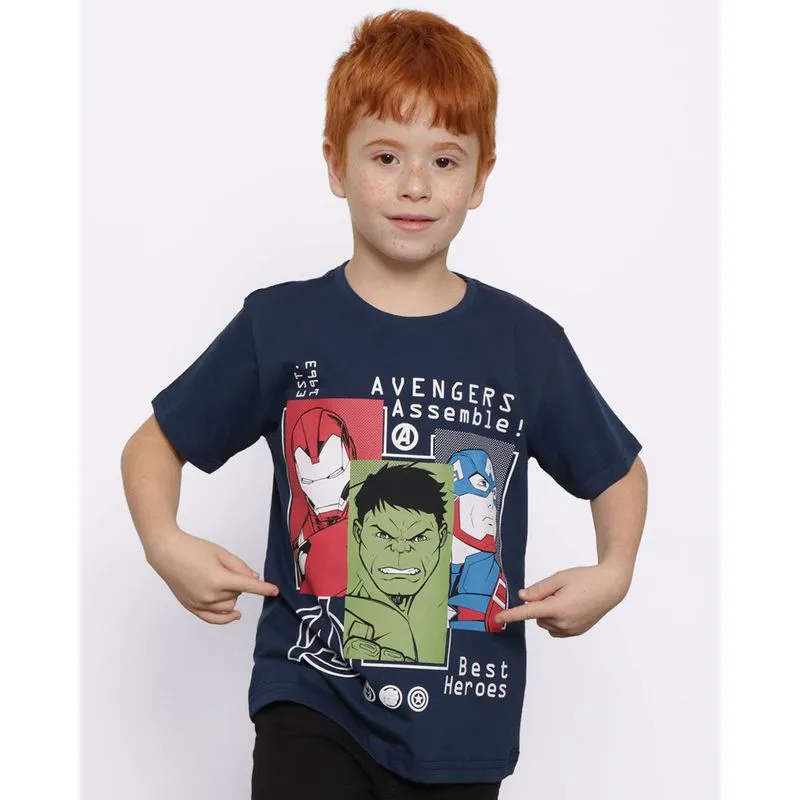 Camiseta Infantil Manga Cruta Estampa Os Vingadores Marvel Marinho 4