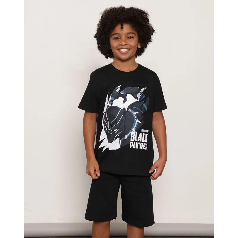 Camiseta Infantil Manga Curta Marvel Estampa Pantera Negra Preta 4