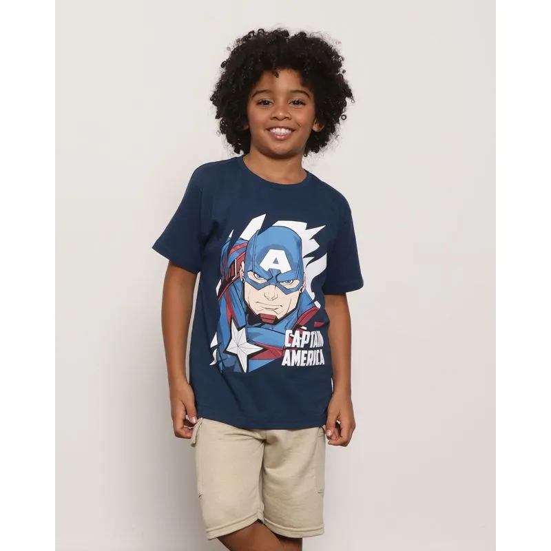 Camiseta Infantil Manga Curta Marvel Estampa Capitão América Marinho 6
