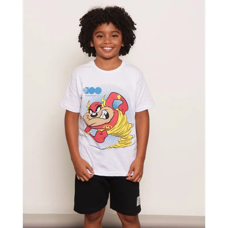Camiseta Infantil Menino Warner Taz Mania Estampa Frontal Manga Curta E Gola Careca Branca 8