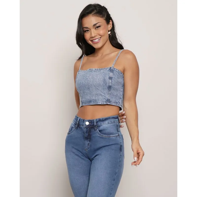 Top Jeans Feminino Alcinha Com Strass Estonado Azul UN