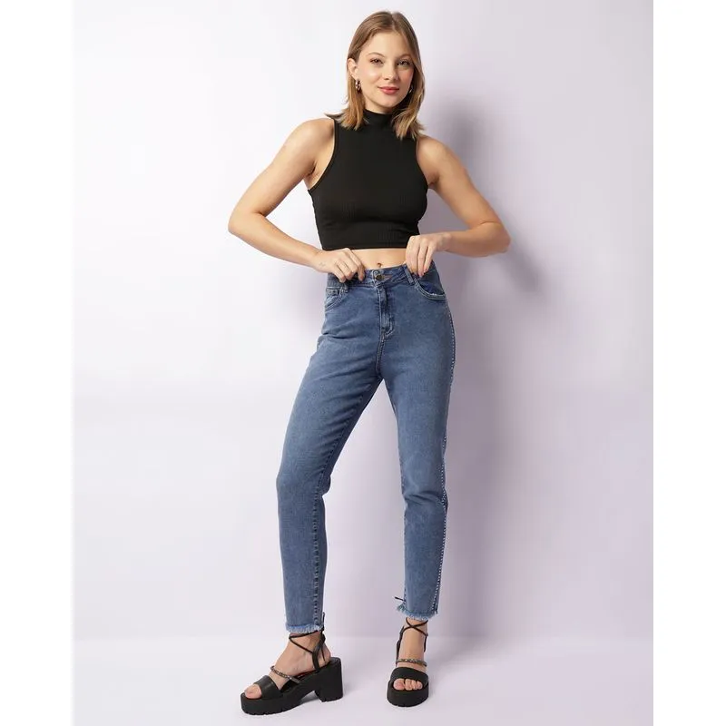 Calça Jeans Feminina Cigarrete Strass Azul UN