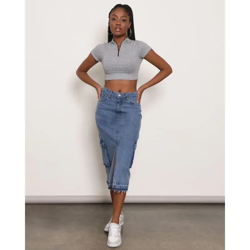 Saia Jeans Feminina Midi Cargo Fenda Azul 44