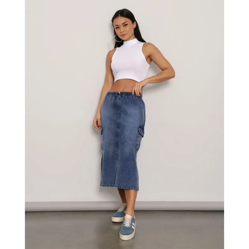 Saia Jeans Feminina Midi Bolso Cargo Com Fenda Azul 36