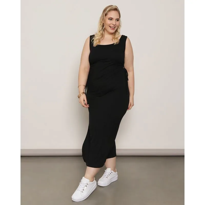 Vestido Plus Size Feminino Midi Vazado Preto G1