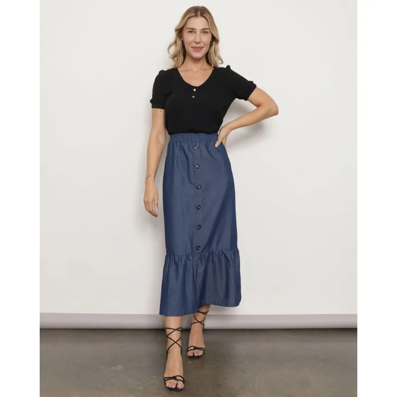 Saia Jeans Feminina Berry & Co. Três Marias Azul Escuro GG