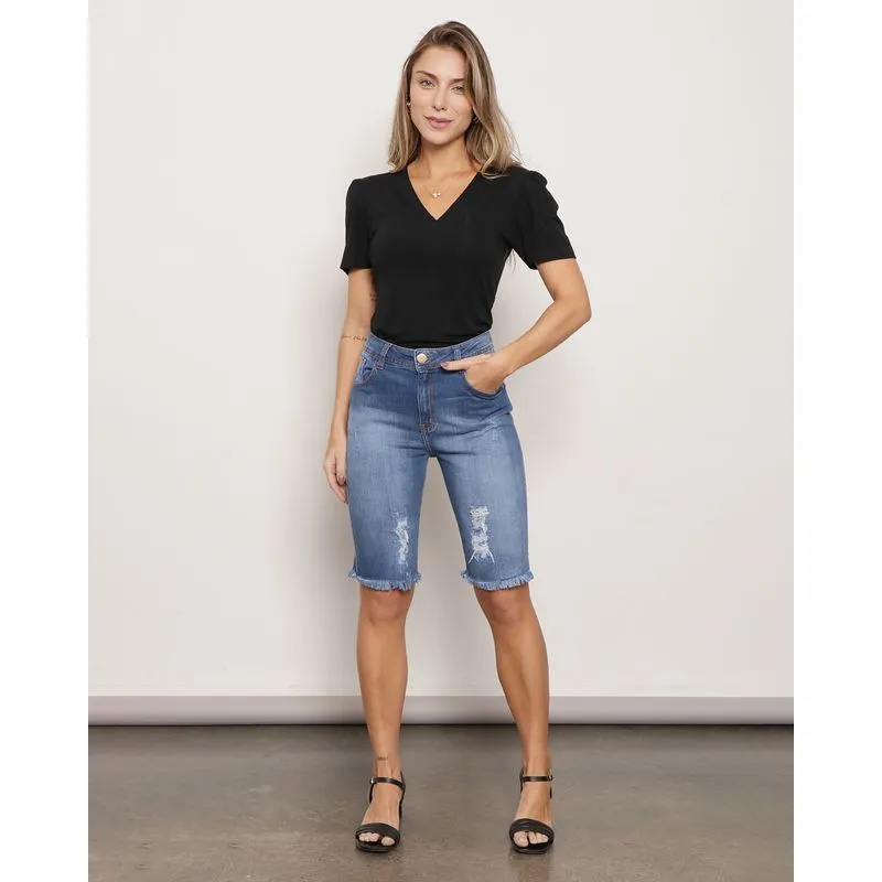 Bermuda Jeans Feminina Destroyed Azul 40