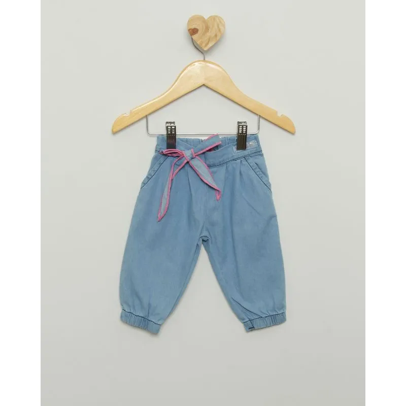 Calça Jeans Bebê Jogger Com Pregas Laço Azul Claro P