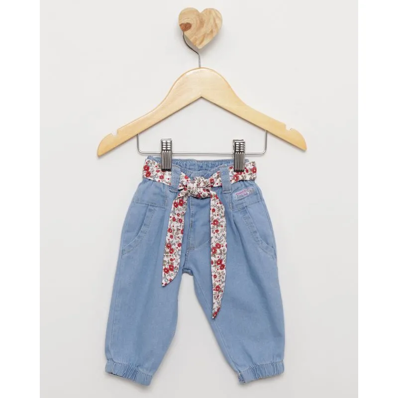 Calça Jeans Bebê Jogger Com Cinto Floral Azul Claro G
