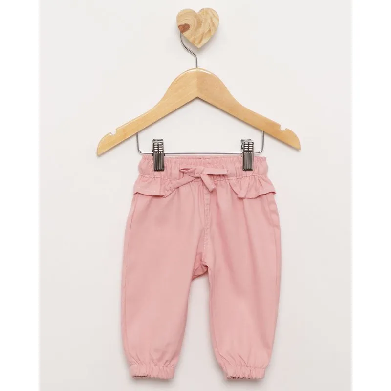 Calça Bebê Sarja Jogger Com Babados Rosa P