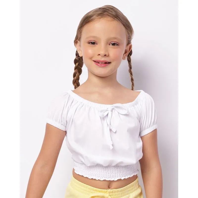 Blusa Infantil Cropped Ciganinha Lastex Manga Curta Branca 6