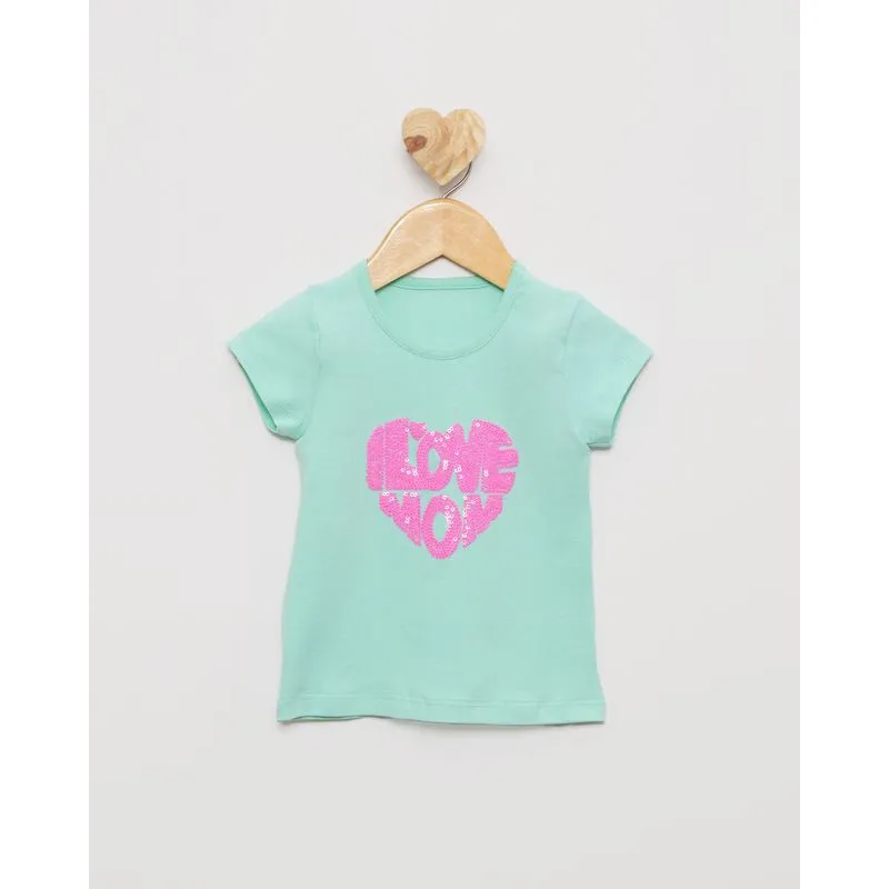 Blusa Bebê Manga Curta Love com Paetês Verde Claro 2