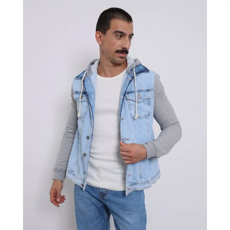 Jaqueta Jeans Masculina Manga Longa Com Capuz Azul M