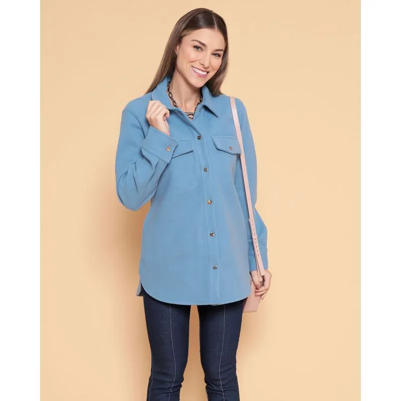 Casaco Feminino Com Bolsos Lã Batida Azul P