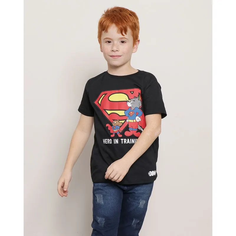 Camiseta Infantil Warner Manga Curta Tom e Jerry Super Homem Preta 8