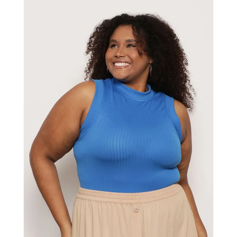 Regata Plus Size Feminina Canelada Sem Costura Azul G2