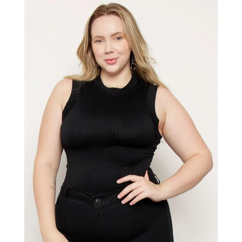 Regata Plus Size Feminina Canelada Sem Costura Preta G2